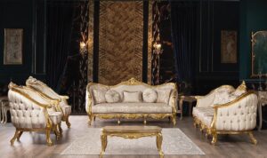 Sofa Emas Klasik Ruang Tamu Elegan Ukir Jepara