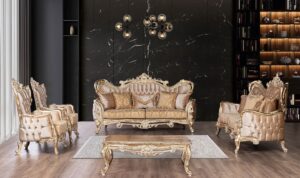 Sofa Mewah Emas Ruang Tamu Klasik Elegan